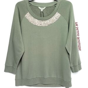 Nicole Miller Embellished French Terry Olive Heather Sweater sz L